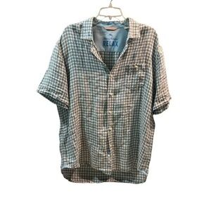 Tommy Bahama 100% linen button down. Preppy, 90,s brown and blue pattern